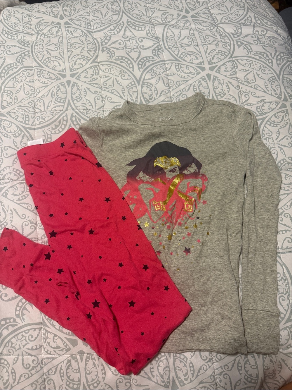 GAP DC Comics Pink Star Pajama Set with Gray Wonder Woman Character Top